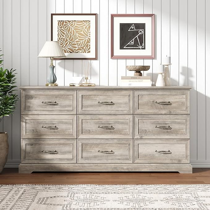 9 Drawer Dresser for Bedroom, 63" Wide Wooden Chest of Drawers, Rustic Farmhouse Dresser with Large Drawers & Metal Handles, Modern Storage Organizer for Closet, Living Room, Hallway, Grey