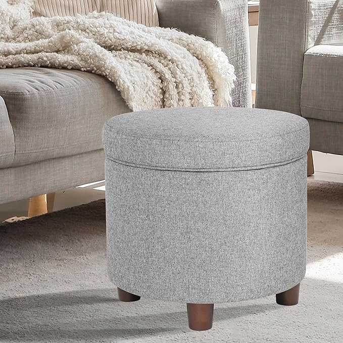 Homepop Home Decor | Upholstered Round Storage Ottoman | Ottoman with Storage for Living Room & Bedroom, Light Gray Tweed