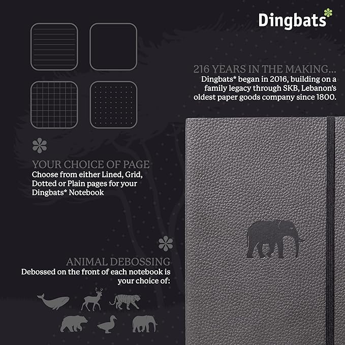 Dingbats* Wildlife Grid Writing Journal Notebook A5 - Vegan Leather Hardcover - Ideal for Work, Travel - Pocket, Elastic Closure, & Bookmark