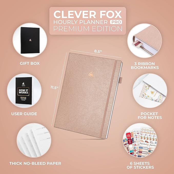 Clever Fox Hourly Planner PRO Premium – Undated Schedule Planner with Daily Time Slots – Personal Organizer Notebook for Time Management – Weekly & Monthly Life Journal, A4 size (Rose Gold)