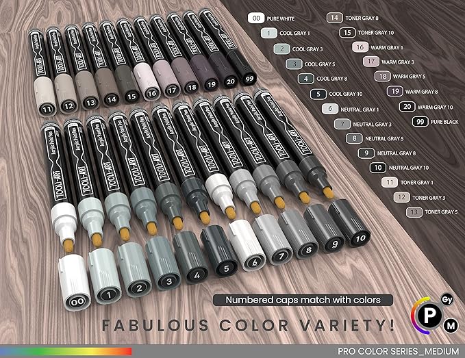 TOOLI-ART 22 Acrylic Paint Markers Paint Pens Pro Color Series Set 3mm Medium Tip for Rock Painting, Glass, Mugs, Wood, Metal, Glass Paint, Canvas, DIY. Non Toxic, Waterbased, Quick Drying (GRAYS)
