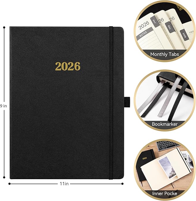2026 Planner - Weekly and Monthly Planner 2026, Jan.2026 - Dec.2026, 9" x 11", 2026 Calendar Planner with Inner Pocket + Bookmarks+ Leather Hardcover, Black