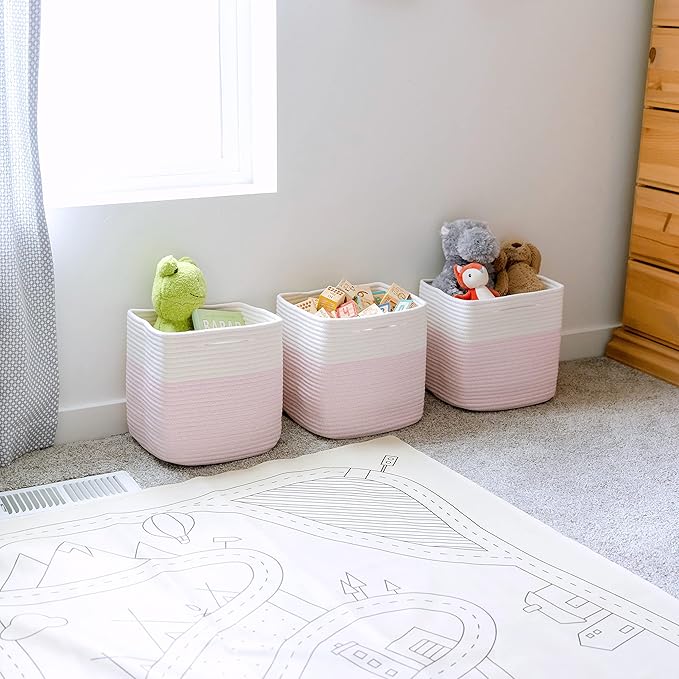 NaturalCozy Storage Cubes 11 Inch Cotton Rope Woven Baskets for Organizing, 3-Pack | Cube Storage Bin | Square Storage Baskets for Shelves Organizer, Classroom, Kids Toy Bins, Closet, Baby Nursery