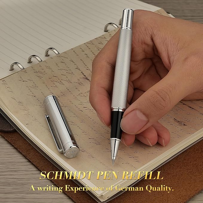 Silver Rollerball Pen, Stunning Luxury Pen with Mesh Texture Design, Bright Silver Chrome Finish, Schmidt refill, Nice Gift Set for Men & Women, Executive, Office, Graduation, Fancy Pens