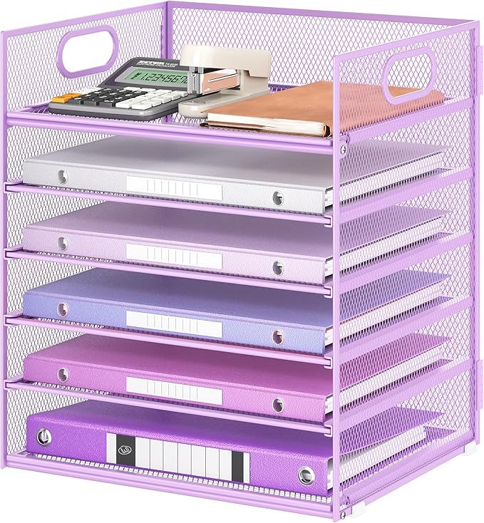 6 Tiers Letter Tray Paper Organizer with Handle, Mesh Desk File Organizer, Metal Desktop Document Shelf Organization, Paper Sorter Organizer for Office, Home or School File Folder Holder - Purple