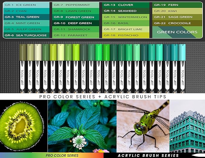 22 Flexible Brush Tip Acrylic Paint Pens Markers Set 1-7mm Line for Rock Painting, Brush Lettering, Glass, Mugs, Wood, Metal, Canvas, Fabric, Plastic. Non Toxic Waterbased Quick Drying Assorted Green