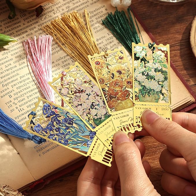 4 Pieces Metal Bookmarks with Tassel, Golden Hollow Bookmark Monet Oil Painting Theme Book Mark Bookmarks for Book Lovers Writers Readers Children Teens for Women Teen Adults