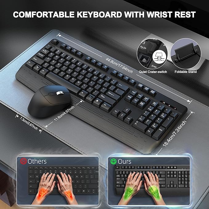 Wireless Keyboard and Mouse Combo, EDJO 2.4G Full-Sized Ergonomic Computer Keyboard with Wrist Rest and 3 Level DPI Adjustable Wireless Mouse for Windows, Mac OS Desktop/Laptop/PC (Dark Gray)