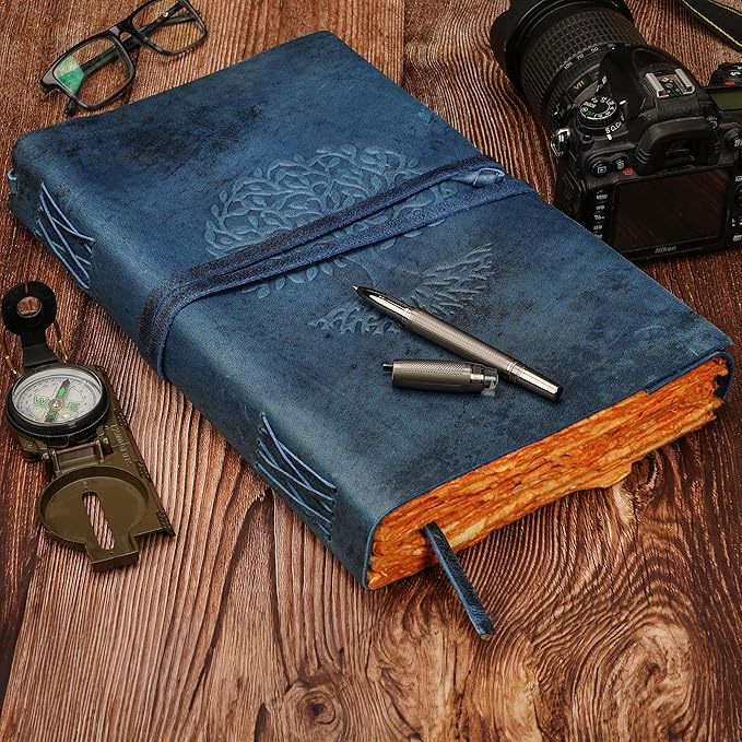 LUXEORIA Tree Of Life Leather Journal for Women and Men, Handcrafted Leather Journal for Writing Womens, Sketchbook, Travel Diary with Unlined Deckle Paper, Dark Blue 8x13