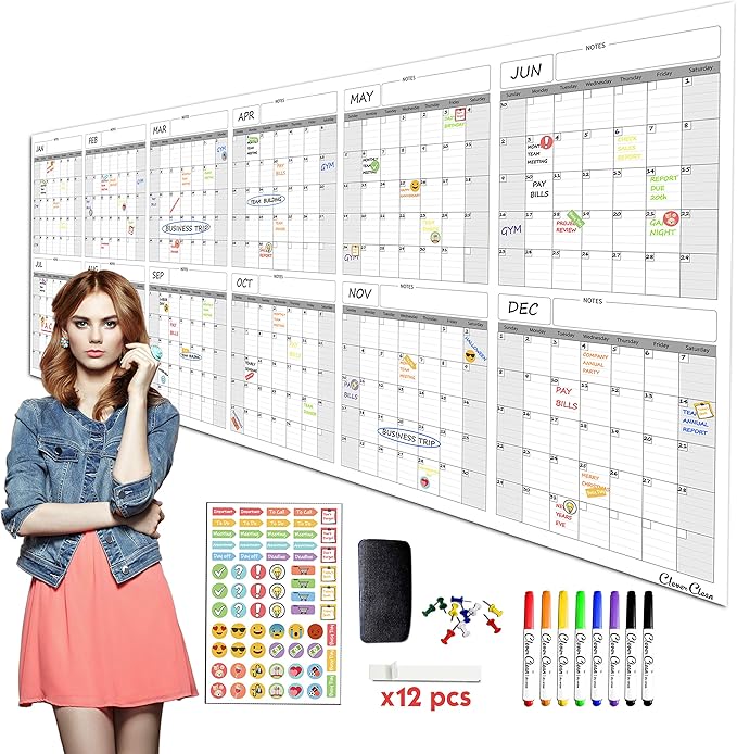 CLEVER CLEAN Large Dry Erase Wall Calendar - 36"x96" 12-month 2025 Undated Yearly Calendar for Home, Office, School Projects - Jumbo Reusable Laminated Task Organizer