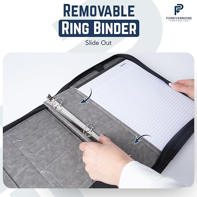 Forevermore Portfolios Padfolio Binder - Professional Faux Leather Travel Organizer Pouch for Tablet, Documents, Presentation Folders, Zipper Closure, Detachable 3-Ring Notepad - Gray