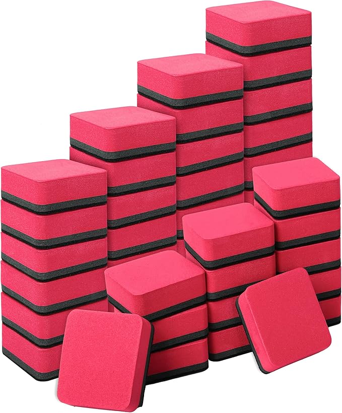 Dry Erase Erasers, 48 Pack Magnetic Whiteboard & Chalkboard Cleansers, Small Magnetic Erasers (Red)