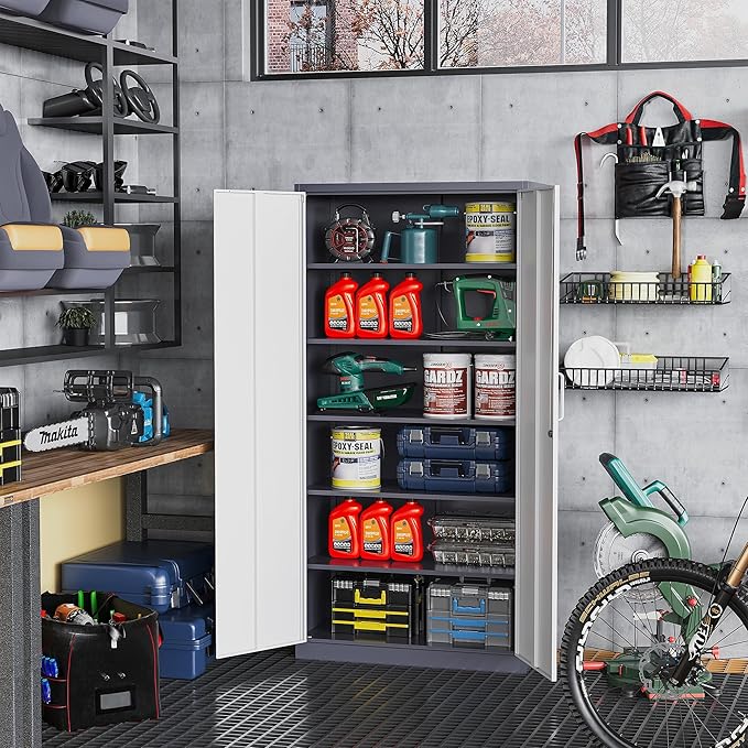 STANI Metal Garage Storage Cabinet with Lock, 71" Steel Lockable File Cabinet, Locking Steel Storage Shelf with 5 Adjustable Shelves for Home, Office, Warehouse, Garage, School (White+Grey)