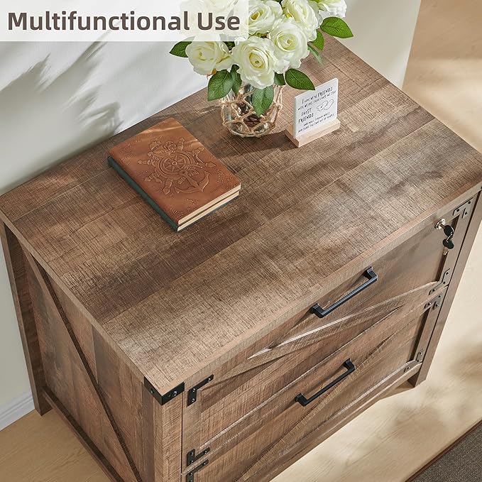 JXQTLINGMU 2 Drawer Farmhouse File Cabinet, Lateral Filing Cabinet with Lock for Home Office, Compatible Legal Letter A4 F4 Size, Warm Brown