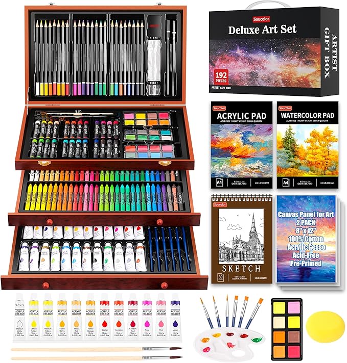 Soucolor Art Supplies, 192-Pack Deluxe Art Set Drawing Painting Supplies Kit with Acrylic Pad, Watercolor Pad, Sketch Book, Canvases, Acrylic Paint, Crayons, Pencils, Gifts for Artist Adults Teen Kids