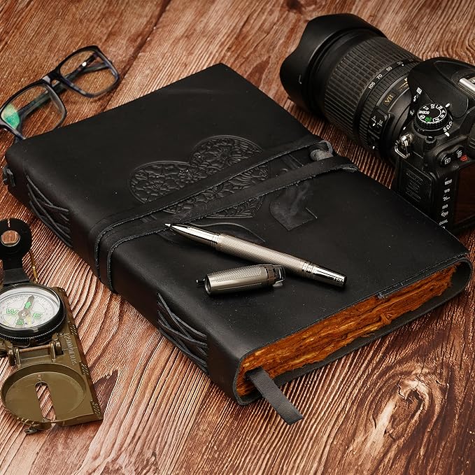 LUXEORIA Heart Journal for Women and Men, Handcrafted Leather Journal for Writing Womens, Sketchbook, Travel Diary with Unlined Deckle Paper, Black 7x10