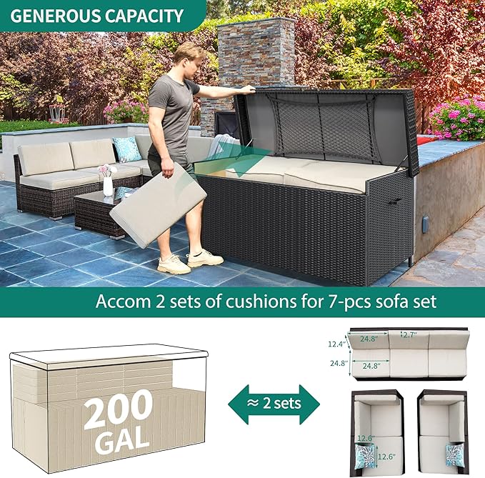 YITAHOME 200 Gallon Large Wicker Deck Box w/Storage Net, Rattan XL Outdoor Storage Box Patio Cushion Storage, Waterproof Storage Box for Patio Furniture, Garden Tools, Pool Sports Equipment (Black)