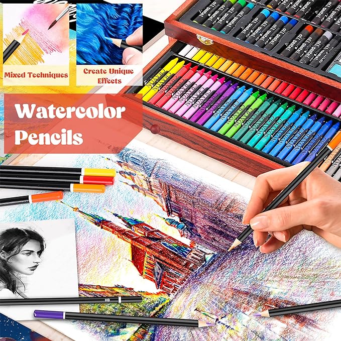 Caliart Art Supplies, 153-Pack Deluxe Art Set in Wooden Case, Crafts Drawing Painting Kits with 2 A4 Sketch Pads, Coloring Book, Christmas Birthday Gifts for Teens Girls Boys Kids Adults Artists