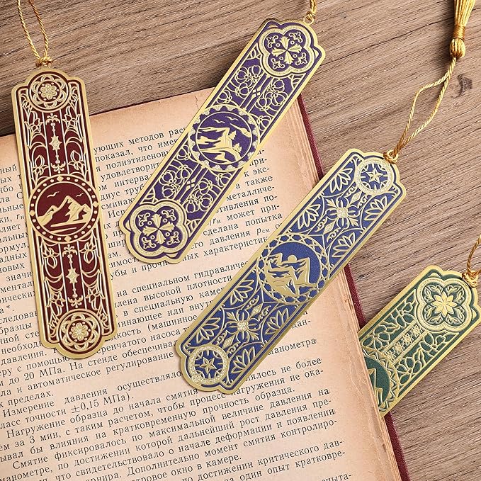 4 Pieces Metal Bookmarks with Tassel Big Size, Golden Vintage Aesthetics Scenery Mountain Theme Book Mark, Bookmark for Women Book Lovers Gift Writers Readers Teens Men