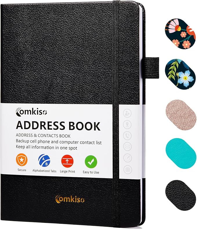 Address Book with Individual Alphabetical Tabs Laminated, Large Print Address Book with 468 Wide Lining Entry Spaces, Change of Address Labels, Hardcover Address Book 5.7 x 8.5" - Black
