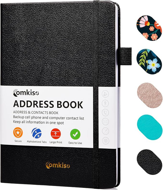 Address Book with Individual Alphabetical Tabs Laminated, Large Print Address Book with 468 Wide Lining Entry Spaces, Change of Address Labels, Hardcover Address Book 5.7 x 8.5" - Black
