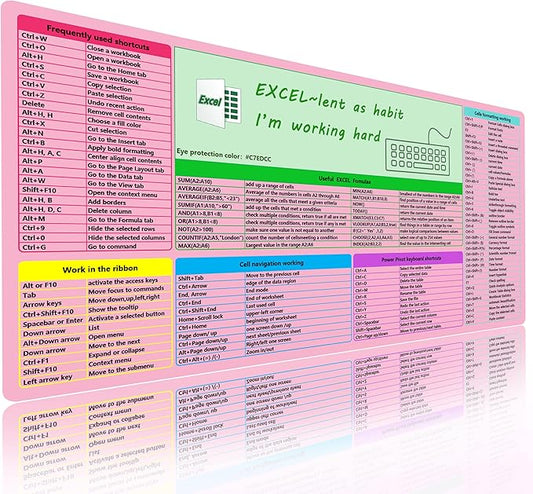 Pink MS Excel Shortcut Mouse Pad Desk Mat,Large Excel Cheat Sheet Desk Pad,Spreadsheet Keyboard Mats Mousepad,Non-Slip Stitched Edge,Office Desk Essentials for Women,31.5 * 15.7 inch