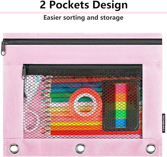 Forvencer Pencil Pouch for 3 Ring Binder, Large Capacity Pencil Pouches with Zipper, Soft Fabric Pencil Bag, Clear Pencil Case with 3 Hole, Portable Office Stationery School College Organizer, Pink