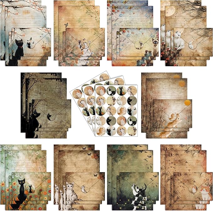 TaoBary 160 Pcs Stationery Paper Set 50 Double Sided Stationery Papers with 50 Matching Envelopes and 60 Round Dot Sticker, 10 Design(Cat,5.5 x 8.25 Inch)