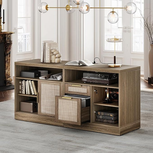 63'' File Cabinet with 2 Lockable Drawers, Fluted Wood Filing Cabinet for Home Office with AC/USB, Adjustable Storage Shelves, Fits for Letter and A4 Size, Black Walnut