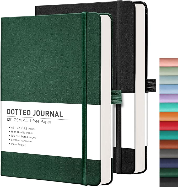 RETTACY Bullet Dotted Journal Notebook, 2-Pack, 160 Numbered Pages per Pack, A5 Medium Size (5.7'' x 8.3''), 120 GSM Thick Paper, Leather Hardcover, for Bullet Journaling (Black & Dark Green)