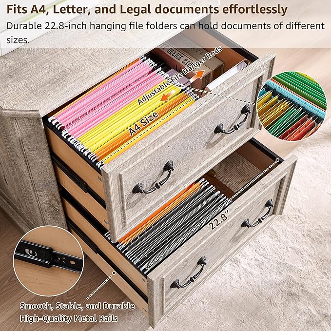 T4TREAM 2 Drawer File Cabinet-30 Wide Wooden Extended Desktop, Farmhouse Filing Cabinet with Smooth Rails, Holds Letter/Legal/A4, Hexagonal Design & Framed Drawer Fronts, Antique White