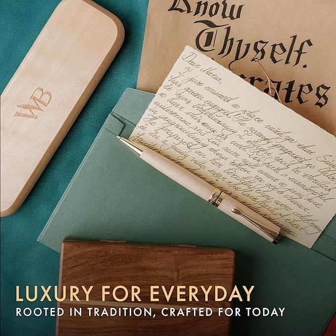 Wordsworth and Black Ballpoint Pen Set - Stunning Luxury Pen Bamboo Maplewood Gold Finish, Refillable, Best Ball Pen for Men & Women, Black Ink Refill, Elegant, Point Pen