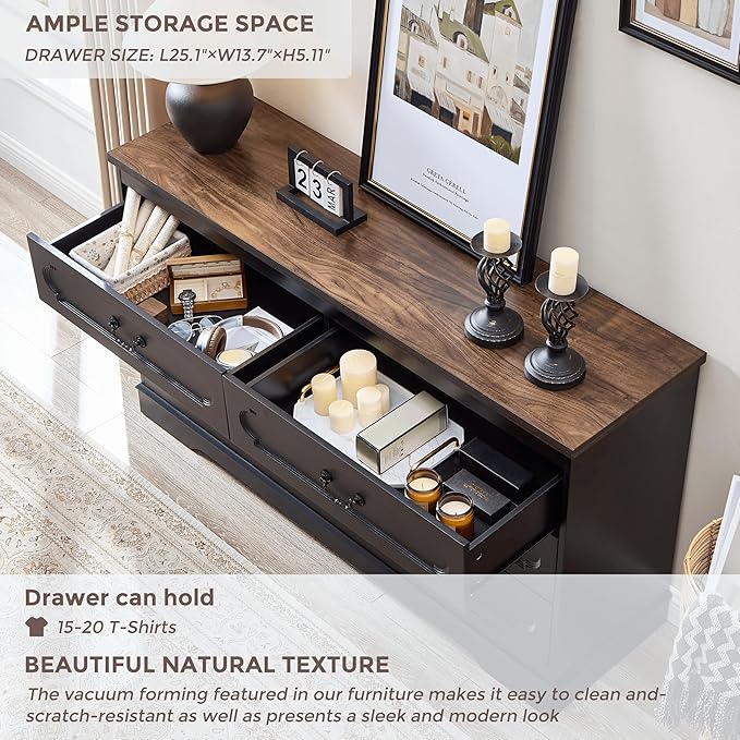 LIDYUK 6 Drawer Dresser for Bedroom Farmhouse Black Tall Wood Chest of Drawers for Bedroom Dresser, Modern Rustic 55" Wide Drawers Dressers Wooden Closet and Storage Cabinet, Hallway, Living Room