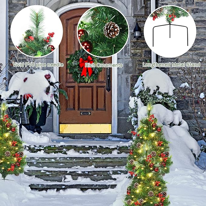 Happygrill Set of 2 29 inch Outdoor Pathway Christmas Trees, Pre-Lit Christmas Trees with 30 LED Lights, 8 Light Modes, Porch Christmas Trees for Holiday Decoration