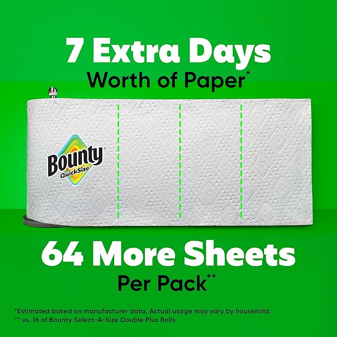 Bounty Paper Towels Quick Size, White, 16 Family Rolls = 40 Regular Rolls