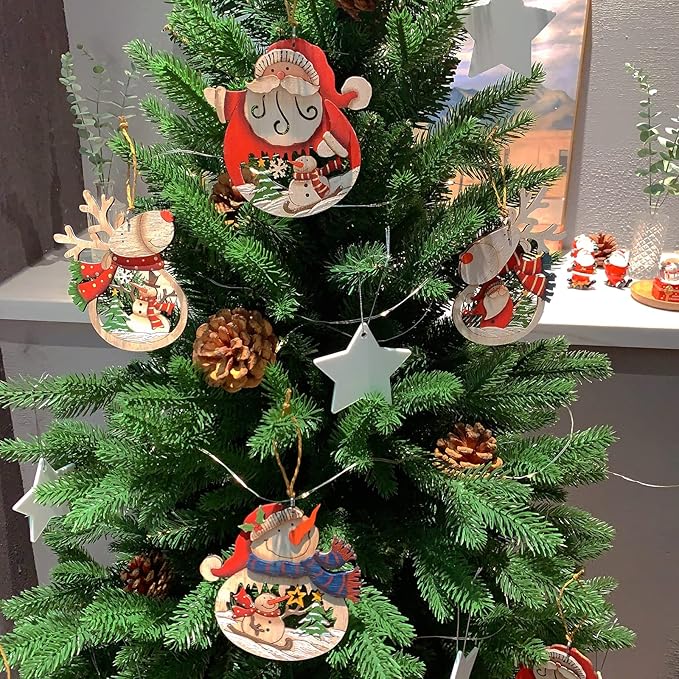 Christmas Ornaments Set 8-Pack, Retro Xmas Tree Hanging Ornaments, Wooden Santa Snowman Xmas Reideer Ornaments for Tree Holiday Decorations, Outdoor Holiday Home Decorations