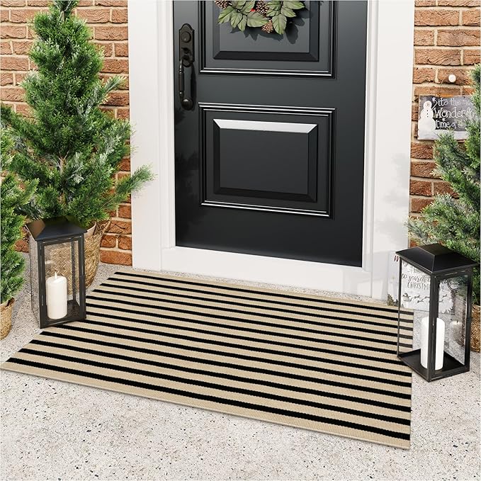 KIMODE Front Door Mats 24"x51", Machine Washable Farmhouse Front Porch Rug Decor, Striped Layered Door Mats Outdoor, Cotton Hand Woven Entryway Rug for Entry, Doorway, Kitchen Black and Khaki