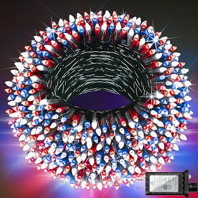 1500 LED Christmas Lights Outdoor with 12 Modes, 470FT Green Wire Christmas String Fairy Lights with Timer & Dimmable, Waterproof Twinkle Tree Lights for House Wedding Xmas Decor, Red White & Blue