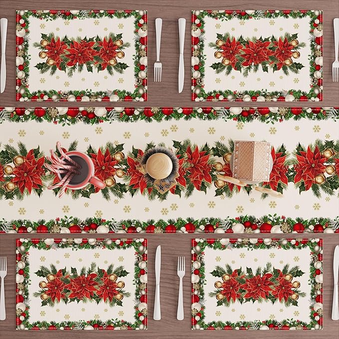 XCHI Christmas Poinsettias Leaves Bells Snowflakes Winter Xmas Placemats Set of 8 Table Mats for Party Home Kitchen Dining Table Decorations 12x18 Inch