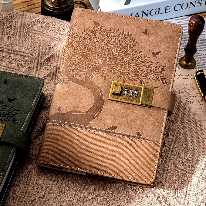 Vintage Diary with Lock for Women Men 256 Pages Leather Password Journal with Lock A5 Locked Journals for Writing Note Taking, 5.9x 8.3 in, Brown