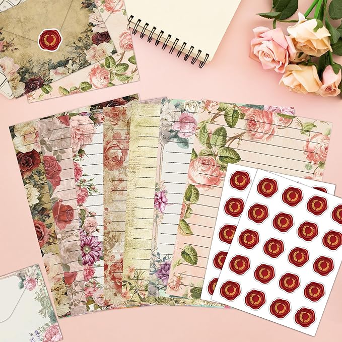 160 Packs Stationery Paper and Envelopes Set 10 Different Designs, 50 One Sided Stationery Writing Papers with 50 Matching Envelopes and 60 Round Dot Sticker, 5.5 x 8.25 Inch (VintageFlower)