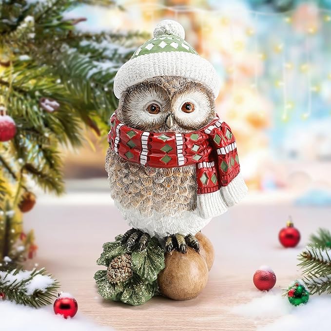 Christmas Owl Figurines for Holiday Decorations, Xmas Owl Statues Decor for Shelf Table Bookshelf Office Home Decor,Winter New Year Decoration -Indoor Christmas Statue Owl Gifts for Bird Lovers Women