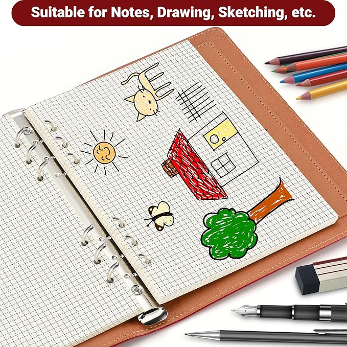 A5 Grid-Ruled Refill Paper, 100gsm Thick Beige No-Bleed Sheets (80-Pack), Pre-Punched – Fits A5 6-Ring Binders for Office, School & Teachers