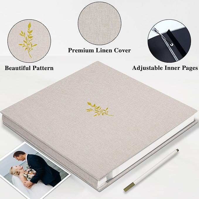Self Adhesive Photo Album, Beige Scrapbook Album with DIY 60 Blank Pages, Wedding Photo Album with A Metallic Pen for 4x6 5x7 2x3 Pictures,12.9"x13.4"