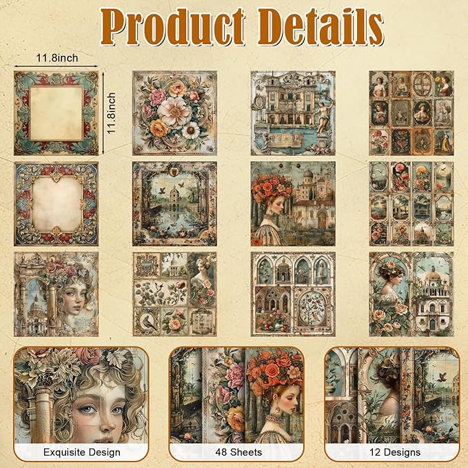 48 Sheets Vintage Baroque Scrapbook Paper, Vintage Decorative Paper for Scrapbook, Junk Journal paper, Pattern Paper, DIY Cards, and Photo Albums, Aesthetic Craft Supplies for Kids and Adults