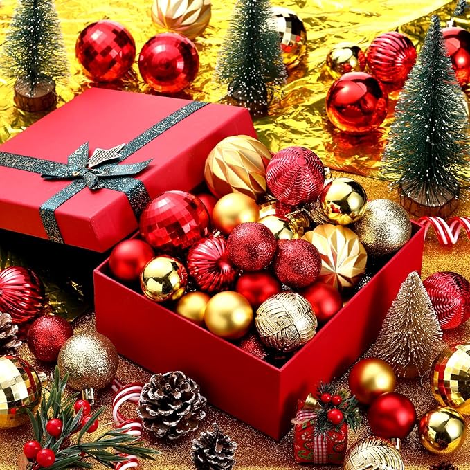 64 Pcs Red and Gold Christmas Ball Ornaments Glitter Matte Xmas Tree Ornaments 1.6 1.97 2.4 Inch Shatterproof Assorted Size Christmas Baubles for Tree Home Indoor Decor