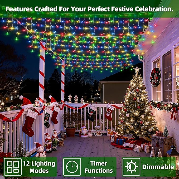 1332 LED Christmas Lights with 296 Drops,132ft 12 Modes Hanging ice String Lights with Timer & Dimmable & Waterproof, Plug-in Fairy Lights for Tree Holiday Wedding Party Christmas Decor Multicolor