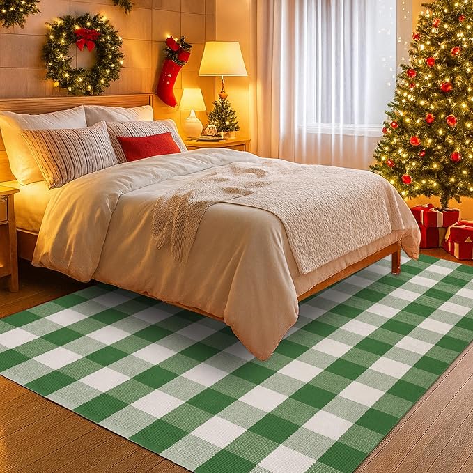 Christmas Green & White Plaid Rug - 28 x 43 Inches Outdoor Front Door Decor Mat Cotton Washable Hand-Woven Rug Christmas New Year Holiday Porch Entryway Layered Doormat