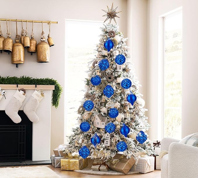 Hollyone 4.7 Inch Large Blue Christmas Ornaments 4Pcs Balls Ornaments Shatterproof Christmas Hanging Ornaments for Xmas Tree Decor with Hook for Wedding Holiday Party Wreath Home Decor (Blue, 120mm)