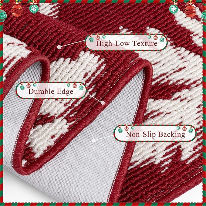 Christmas Doormat with Non Slip, Loop Pile Red and White Indoor Christmas Welcome Mat with Absorbent & Dirt-Trapping, Porch Decor Outdoor Front Door Mat 32x48 Inch